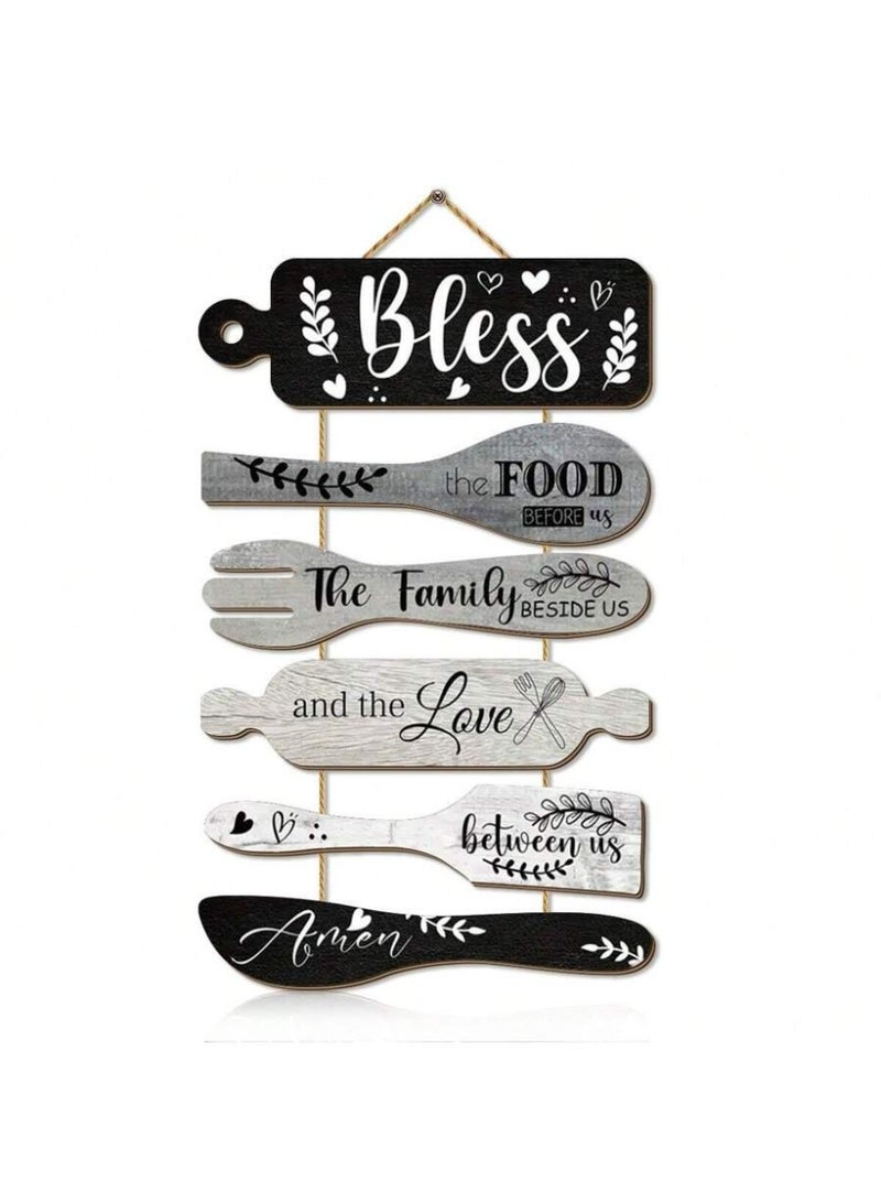 Bless the Food Before Us Wall Hanging – Rustic Kitchen Wall Decor Sign – Wooden Spoon & Fork Quote Art – Farmhouse Dining Room Hanging Plaque - Image 5